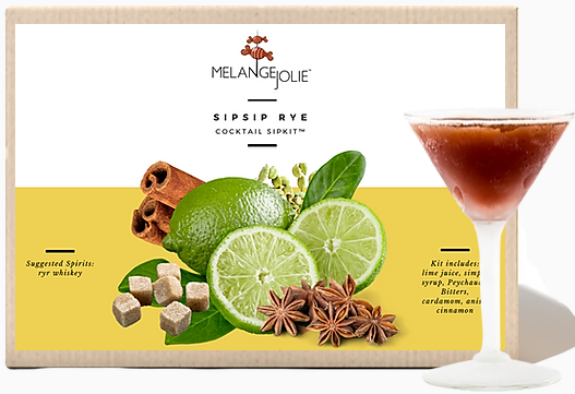 Mélange Jolie SipSip Rye Cocktail SipKit™ with martini glass, bar spoon, and ingredients for cocktail preparation.